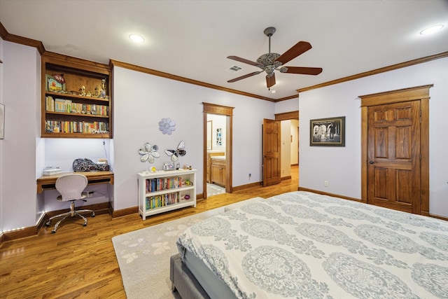 4132 Coleridge St, Houston, TX 77005 - bedroom featuring light wood-style flooring, built in desk, crown molding, ceiling fan, and connected bathroom