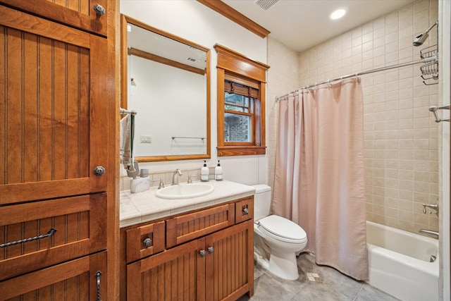 4132 Coleridge St, Houston, TX 77005 - bathroom with vanity, shower / tub combo, tile patterned floors, and recessed lighting