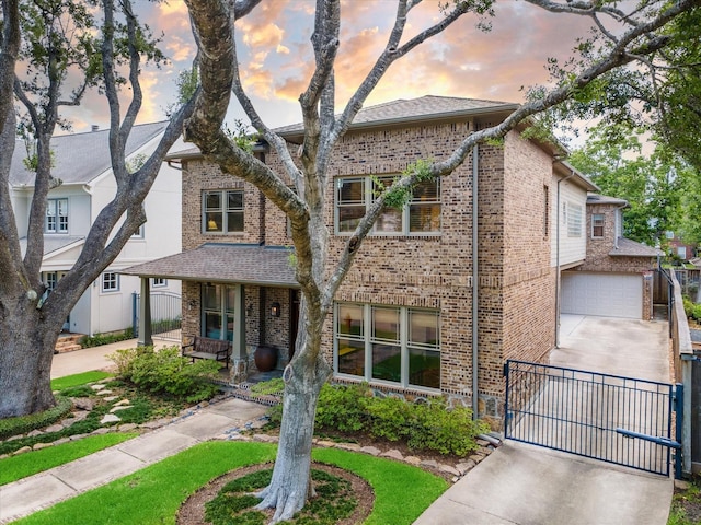 4132 Coleridge St, Houston, TX 77005 - view of front of property with concrete driveway, a gate, covered porch, an attached garage, and brick siding