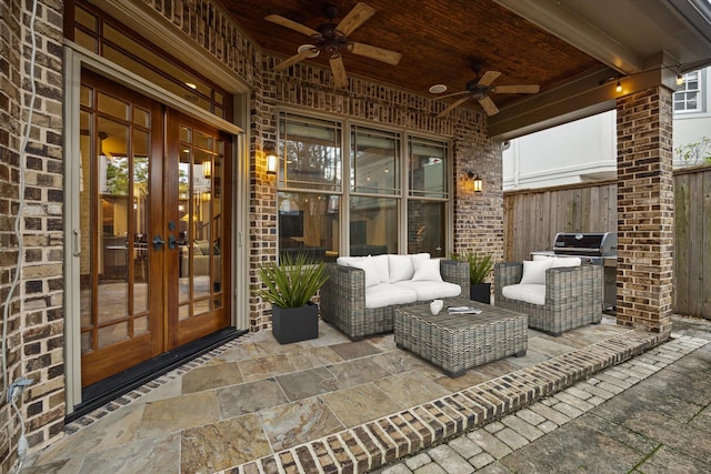 4132 Coleridge St, Houston, TX 77005 - view of patio featuring french doors, a ceiling fan, area for grilling, and outdoor lounge area