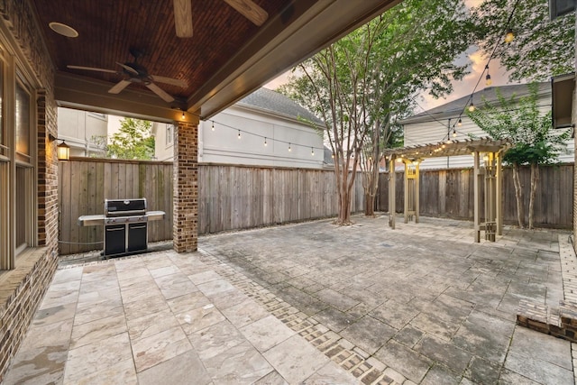 4132 Coleridge St, Houston, TX 77005 - fenced backyard with a ceiling fan, area for grilling, a patio, and a pergola