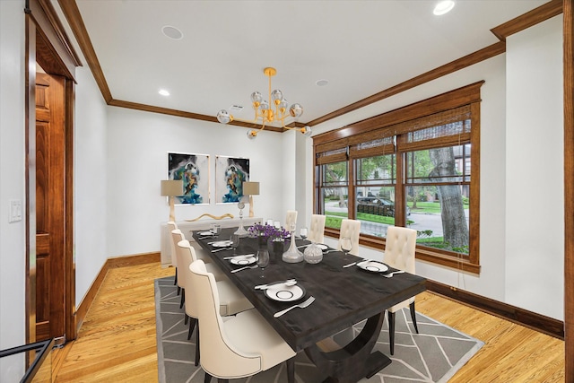4132 Coleridge St, Houston, TX 77005 - dining room with ornamental molding, a chandelier, light wood-style floors, and recessed lighting