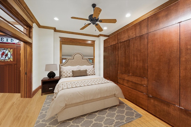 4132 Coleridge St, Houston, TX 77005 - bedroom featuring light wood-style floors, crown molding, recessed lighting, and ceiling fan