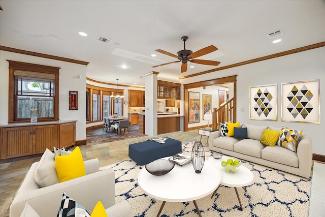 4132 Coleridge St, Houston, TX 77005 - living area featuring recessed lighting, crown molding, stairway, ceiling fan, and a chandelier