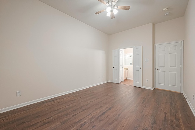 2710 Grants Lake Blvd Unit T6, Sugar Land, TX 77479 - unfurnished bedroom featuring dark wood finished floors, high vaulted ceiling, connected bathroom, and a ceiling fan