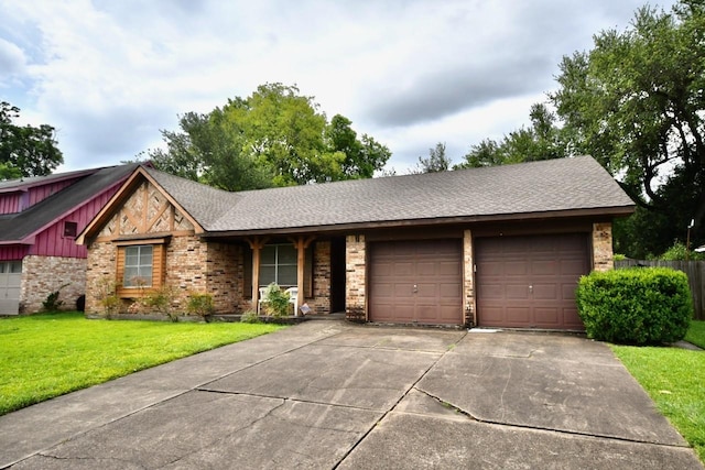 11931 Tanager St, Houston, TX 77072 - ranch-style house with an attached garage, concrete driveway, board and batten siding, a front lawn, and brick siding