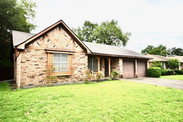 11931 Tanager St, Houston, TX 77072 - view of front of house featuring an attached garage, brick siding, a front lawn, driveway, and roof with shingles