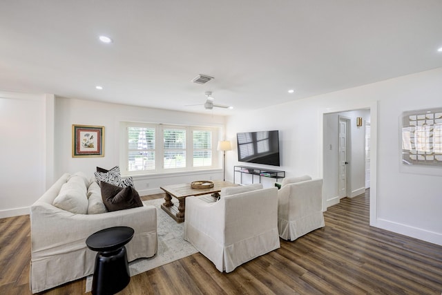 918 N Wilcrest Dr, Houston, TX 77079 - living room with dark wood finished floors, recessed lighting, and a ceiling fan