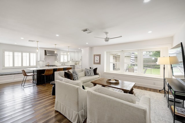 918 N Wilcrest Dr, Houston, TX 77079 - living room with recessed lighting, dark wood finished floors, and ceiling fan