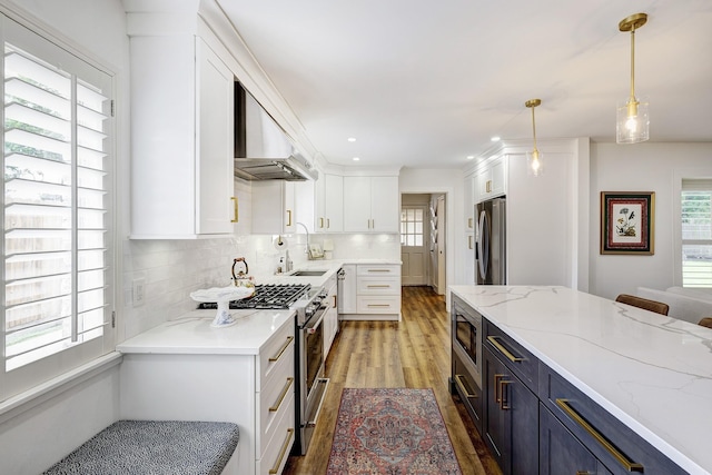 918 N Wilcrest Dr, Houston, TX 77079 - kitchen featuring under cabinet range hood, stainless steel appliances, light wood finished floors, white cabinets, and healthy amount of natural light