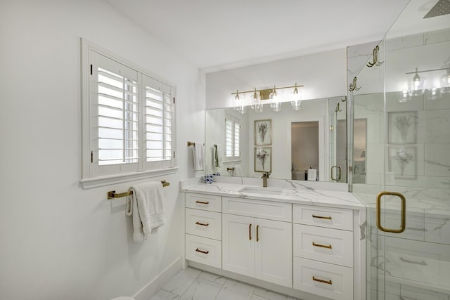 918 N Wilcrest Dr, Houston, TX 77079 - bathroom with marble look tile flooring, vanity, and a stall shower