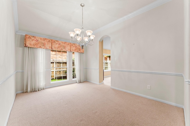24910 Corbin Gate Dr, Spring, TX 77389 - spare room with ornamental molding, arched walkways, carpet, and a chandelier