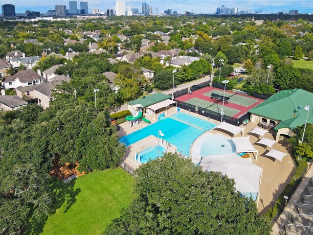 4106 Lehigh Ave, Houston, TX 77005 - aerial overview of property's location with city skyline and property boundaries highlighted