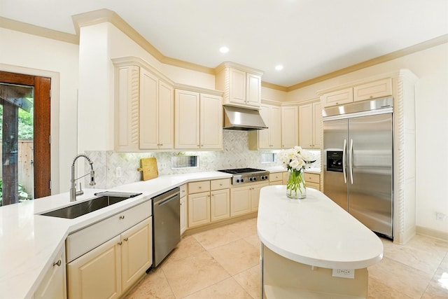 4106 Lehigh Ave, Houston, TX 77005 - kitchen featuring stainless steel appliances, exhaust hood, cream cabinetry, tasteful backsplash, and recessed lighting