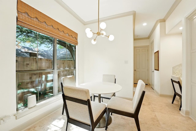 4106 Lehigh Ave, Houston, TX 77005 - dining area featuring a chandelier, crown molding, light tile patterned flooring, and recessed lighting