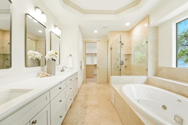 4106 Lehigh Ave, Houston, TX 77005 - full bathroom featuring a stall shower, a tub with jets, double vanity, and recessed lighting