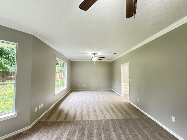 819 Companion Dr, Crosby, TX 77532 - unfurnished room featuring ceiling fan, carpet floors, crown molding, and a textured ceiling