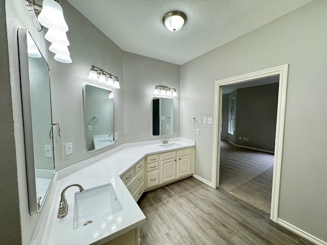819 Companion Dr, Crosby, TX 77532 - bathroom with double vanity, wood finished floors, and a textured ceiling