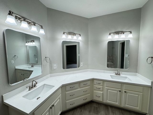 819 Companion Dr, Crosby, TX 77532 - full bath featuring double vanity, wood finished floors, and a shower