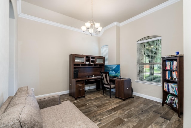 8506 Clarkman Ridge Ln, Cypress, TX 77433 - office with crown molding, a chandelier, and dark wood-style floors