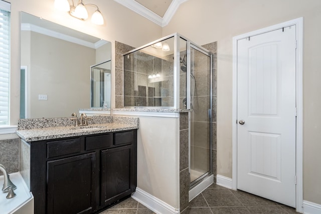8506 Clarkman Ridge Ln, Cypress, TX 77433 - bathroom featuring crown molding, a stall shower, vanity, tile patterned flooring, and a bathtub