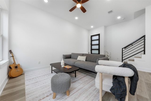 2475 Carmel St A/B, Unit A/B Houston, TX 77091 - living area with ceiling fan, light wood-style floors, stairs, and recessed lighting