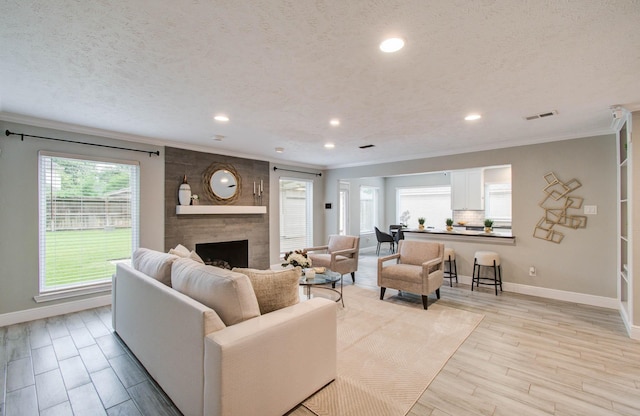 22523 Wildwood Grove Dr, Katy, TX 77450 - living area with ornamental molding, a fireplace, recessed lighting, light wood-type flooring, and a textured ceiling
