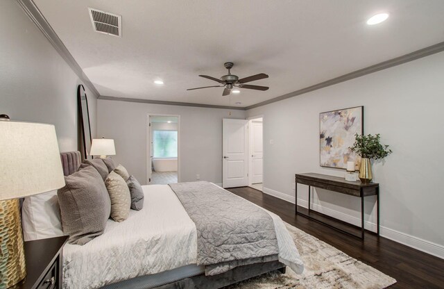 22523 Wildwood Grove Dr, Katy, TX 77450 - bedroom featuring ornamental molding, dark wood-style floors, recessed lighting, ensuite bathroom, and a ceiling fan
