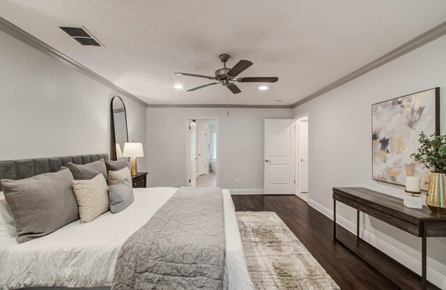 22523 Wildwood Grove Dr, Katy, TX 77450 - bedroom featuring dark wood-style flooring, crown molding, recessed lighting, a ceiling fan, and ensuite bath