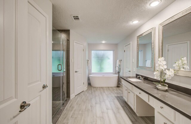 22523 Wildwood Grove Dr, Katy, TX 77450 - full bath with a stall shower, a textured ceiling, vanity, a freestanding bath, and wood finished floors