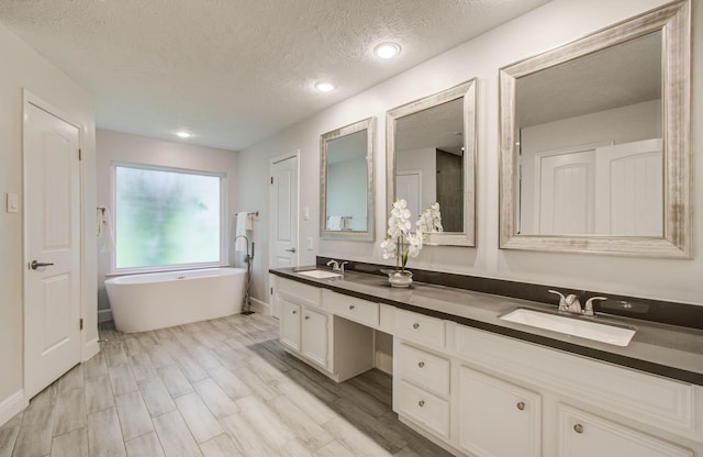 22523 Wildwood Grove Dr, Katy, TX 77450 - full bath with double vanity, a freestanding tub, a textured ceiling, and wood finished floors