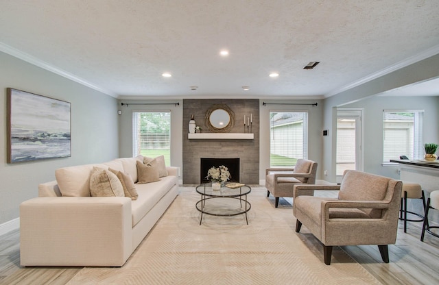22523 Wildwood Grove Dr, Katy, TX 77450 - living area featuring light wood-style flooring, crown molding, recessed lighting, a fireplace, and a textured ceiling