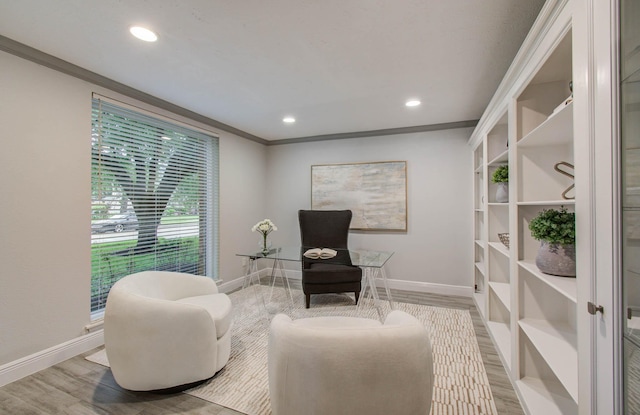 22523 Wildwood Grove Dr, Katy, TX 77450 - sitting room with crown molding, wood finished floors, and recessed lighting