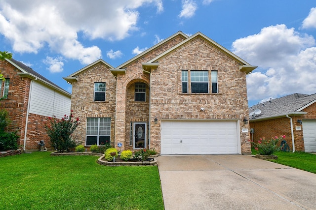 5823 Lundwood Ln, Houston, TX 77084 - traditional-style house with concrete driveway, brick siding, a garage, and a front yard