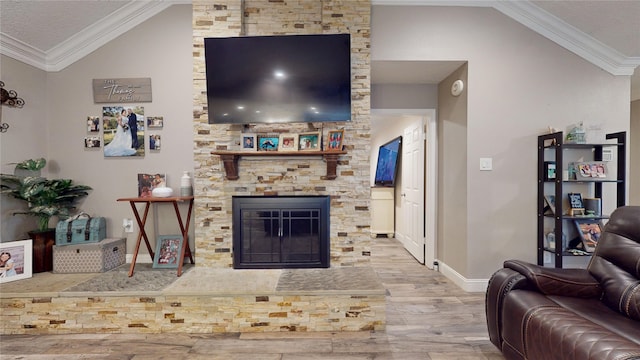 2010 Wildwood Dr, Deer Park, TX 77536 - living room with vaulted ceiling, wood finished floors, ornamental molding, and a stone fireplace