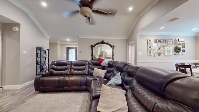 2010 Wildwood Dr, Deer Park, TX 77536 - living area with ceiling fan, light wood-type flooring, ornamental molding, and recessed lighting