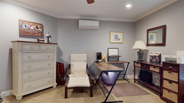 2010 Wildwood Dr, Deer Park, TX 77536 - office space with a wall mounted air conditioner, crown molding, light carpet, and recessed lighting
