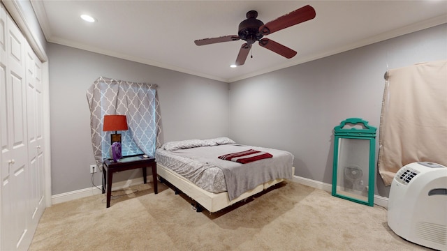 2010 Wildwood Dr, Deer Park, TX 77536 - bedroom with carpet flooring, recessed lighting, a closet, ornamental molding, and ceiling fan