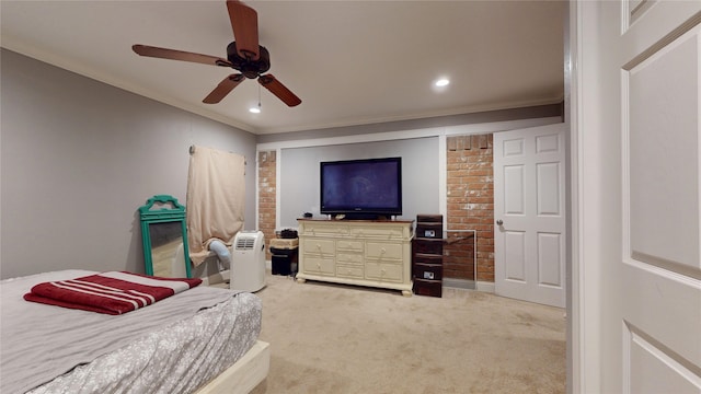 2010 Wildwood Dr, Deer Park, TX 77536 - bedroom with light carpet, crown molding, a ceiling fan, and recessed lighting