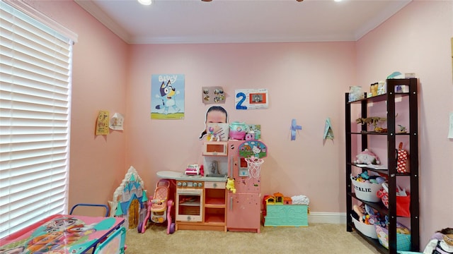 2010 Wildwood Dr, Deer Park, TX 77536 - rec room featuring carpet floors and crown molding