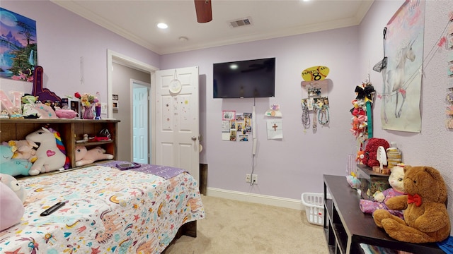 2010 Wildwood Dr, Deer Park, TX 77536 - bedroom featuring light colored carpet, crown molding, ceiling fan, and recessed lighting