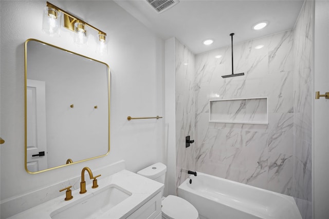 19219 Hikers Trail Dr, Humble, TX 77346 - bathroom with vanity, a combined bath / shower with marble appearance, and recessed lighting