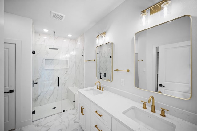 19219 Hikers Trail Dr, Humble, TX 77346 - bathroom with marble look tiles, a marble finish shower, double vanity, and recessed lighting