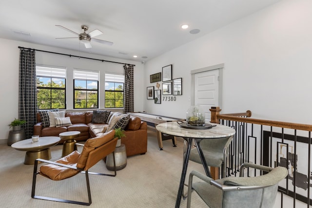 152 E Shell Port Sq, The Woodlands, TX 77380 - living room featuring a ceiling fan, light carpet, and recessed lighting