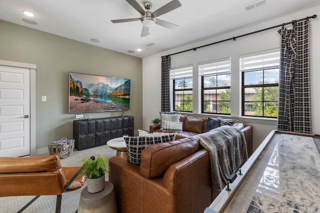 152 E Shell Port Sq, The Woodlands, TX 77380 - living room featuring ceiling fan and recessed lighting