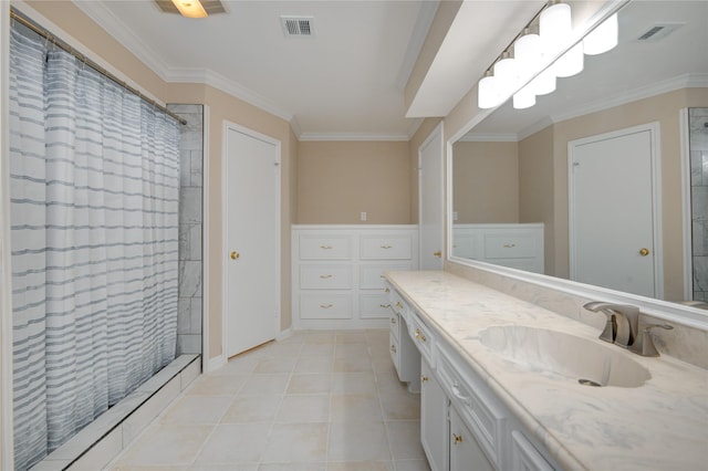 13903 Chevy Chase Dr, Houston, TX 77077 - full bath featuring vanity, curtained shower, crown molding, and tile patterned floors
