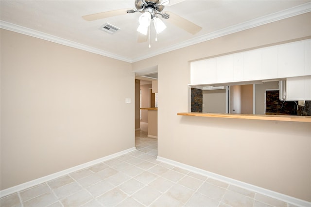 13903 Chevy Chase Dr, Houston, TX 77077 - empty room featuring ornamental molding, a ceiling fan, and light tile patterned flooring