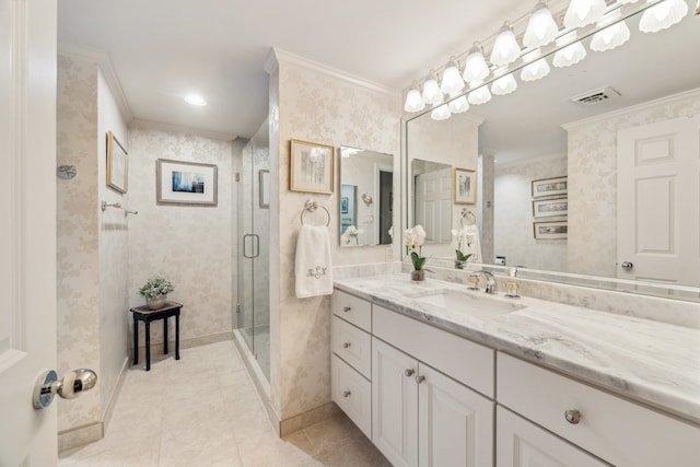 5001 Woodway Dr Unit 1701, Houston, TX 77056 - full bath with crown molding, vanity, a stall shower, tile patterned floors, and wallpapered walls
