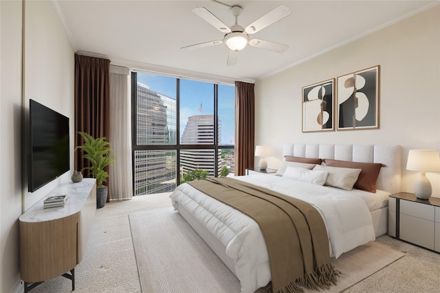 5001 Woodway Dr Unit 1701, Houston, TX 77056 - bedroom with a wall of windows, light carpet, ornamental molding, and a ceiling fan