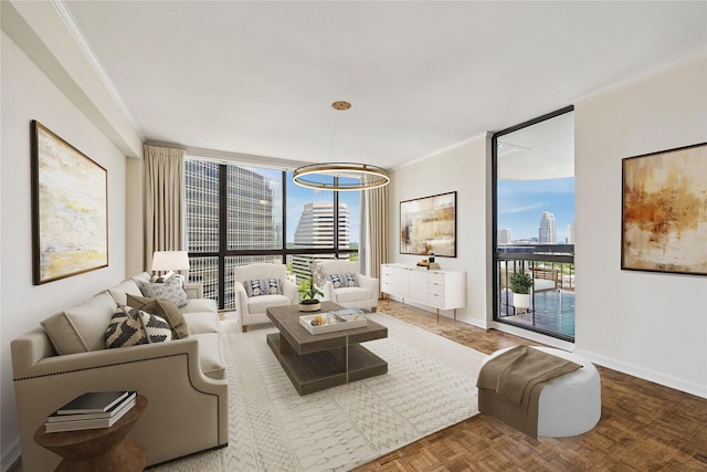 5001 Woodway Dr Unit 1701, Houston, TX 77056 - living area with a skyline view, expansive windows, crown molding, and a chandelier